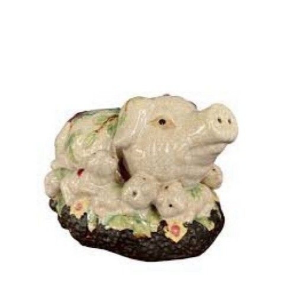 Pair of Vtg 1950’s Majolica Pig & Piglets Pottery Statue Crackle Glaze 12" Lg EV